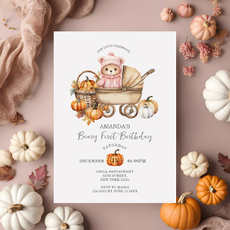 Niedlich Bär Gingham Pumpkin Pink Erster Geburtsta Einladung