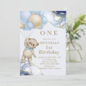 Niedlich Bärenballon Abstrakt Blue Gold Foto Einladung (Stehend Vorderseite)