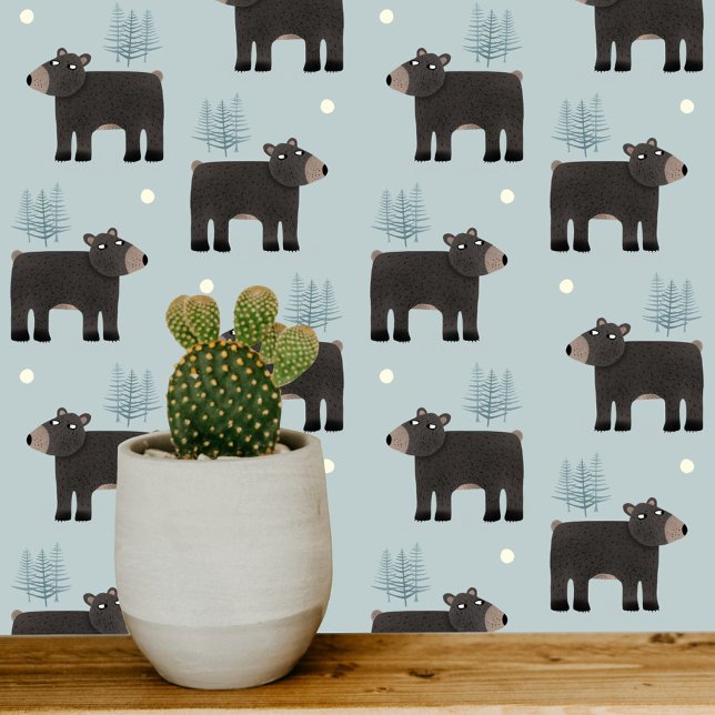 Niedlich Bärenblau Tapete (Bear Trees Moon woodland forest cute art wallpaper for nursery and kids rooms)