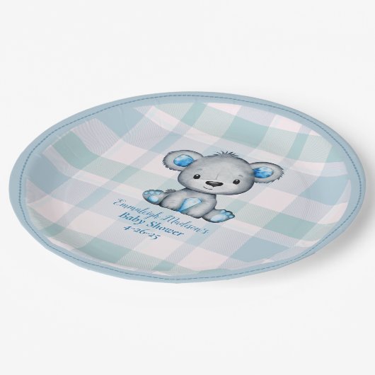 Niedlich Bärenjunge Kariert Blue Pappteller (Schrägansicht)