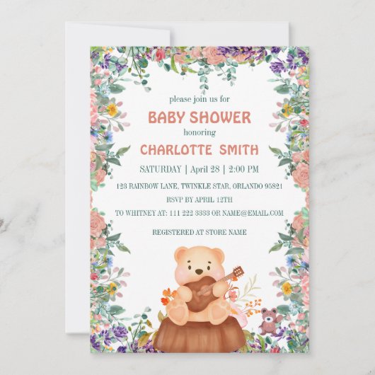 Niedlich Bärenspiel-Gitarre Flora Wasserfarben Bab Einladung (Vorderseite)