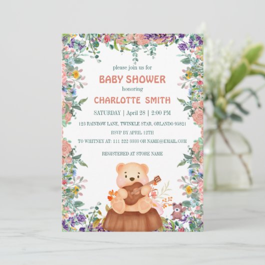 Niedlich Bärenspiel-Gitarre Flora Wasserfarben Bab Einladung (Stehend Vorderseite)