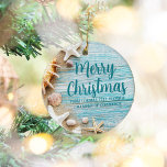 Niedlich Beach Company Seashell Personalisiert Wei Keramik Ornament<br><div class="desc">Ein niedliches individuelles Strandgeschenk für einen Urlaub auf einer tropischen Insel. Passen Sie dieses hübsche aquamarine,  blaue Holz- und Muschelfotografie Weihnachtsschmuck mit Ihrem Firmennamen oder anderen beruflichen Text an der Küste an.</div>