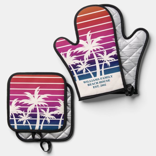 Niedlich Beach House Sunset Palm Tree Custom Ofenhandschuh & Topflappen-Set (Vorderseite/Rückseite)