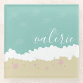 Niedlich Beach Waves Pink Seashells Script Glasuntersetzer (Vorderseite)