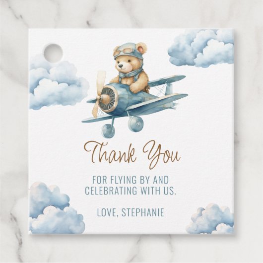 Niedlich Bear Airplane Blue Boy Baby Dusche Geschenkanhänger (Vorderseite)