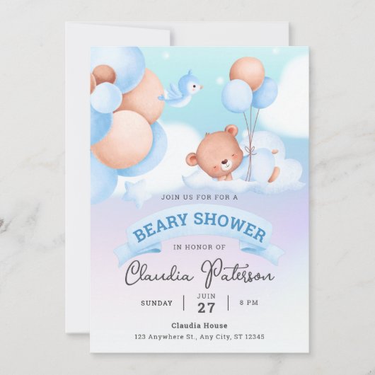 Niedlich Bear Baby Dusche Wasserfarbe Braun blaue Einladung (Vorderseite)
