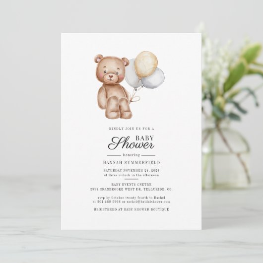 Niedlich Bear Balloons Babydusche Script Einladung (Stehend Vorderseite)