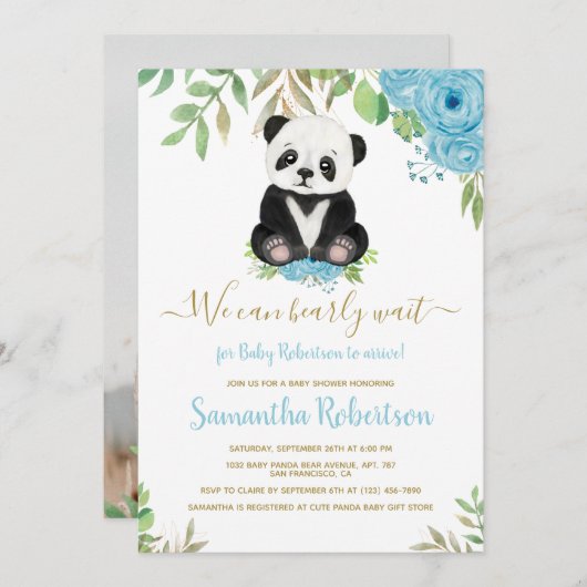 Niedlich Bear Blue Floral Watercolor Kinderdusche Einladung (Vorne/Hinten)