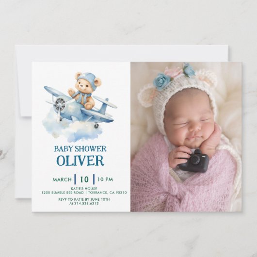 Niedlich Bear Blue Flugzeug Time Fliegt 1. Geburts Einladung (Vorderseite)