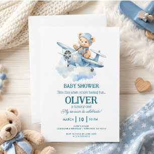 Niedlich Bear Blue Flugzeug Time Fliegt 1. Geburts Einladung