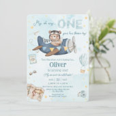 Niedlich Bear Blue Flugzeug Time Fliegt 1. Geburts Einladung (Stehend Vorderseite)