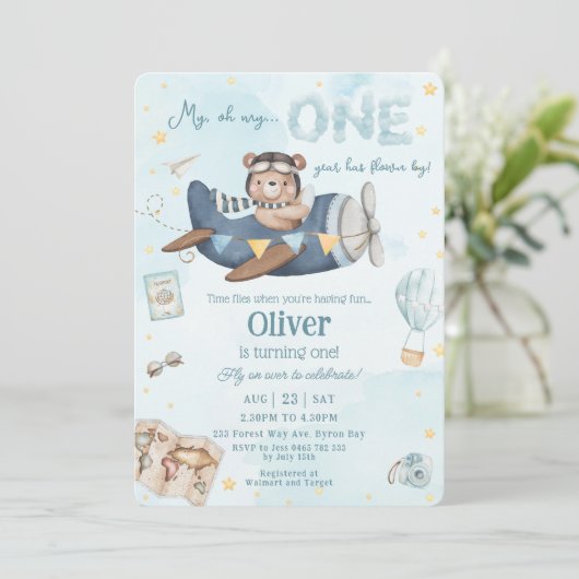 Niedlich Bear Blue Flugzeug Time Fliegt 1. Geburts Einladung (Stehend Vorderseite)