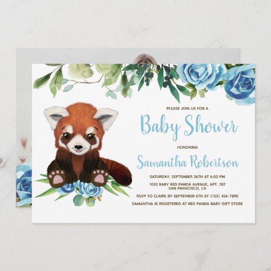 Niedlich Bear Blue Greenery Boy Baby Shower Foto Einladung (Vorne/Hinten)