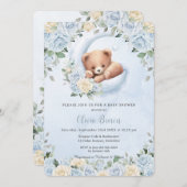 Niedlich Bear Crescent Moon Blue Floral Baby Dusch Einladung (Vorne/Hinten)