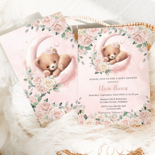 Niedlich Bear Crescent Moon Blush Bloral Baby Dusc Einladung