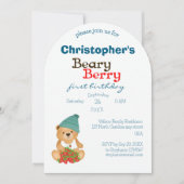 Niedlich Bear Erdbeeren Beary Berry Erster Geburts Einladung (Vorderseite)