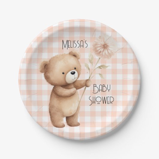 Niedlich Bear Gingham Pattern Baby Boy Dusche Pappteller (Vorderseite)