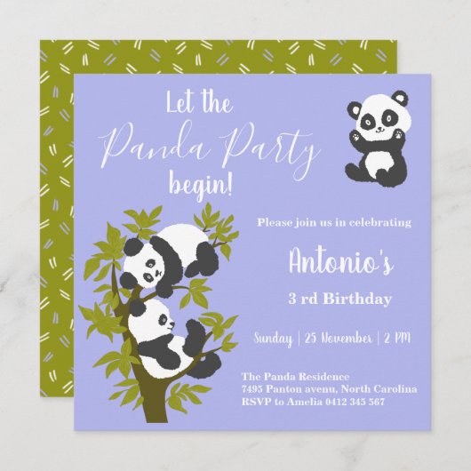 Niedlich Bear Pandas Party Boy Birthday Einladung (Vorne/Hinten)