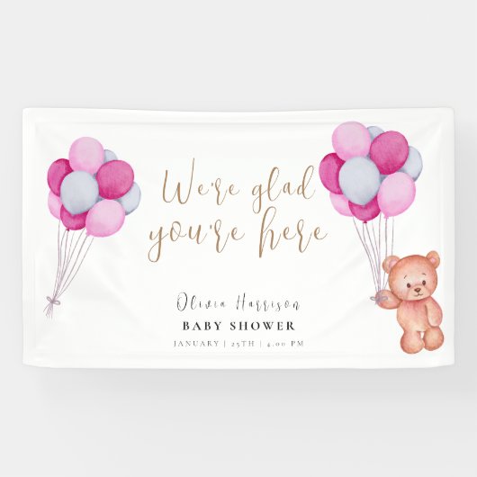 Niedlich Bear Pink Balloon Babydusche Begrüßungsze Banner (Horizontal)