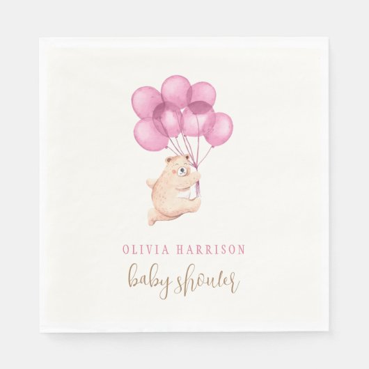Niedlich Bear Pink Balloon Babydusche Serviette (Vorderseite)