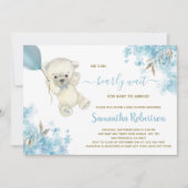 Niedlich Bear Teddy Blue Balloon Babydusche Einladung (Vorderseite)