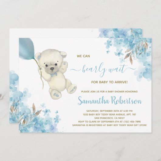Niedlich Bear Teddy Blue Balloon Babydusche Einladung (Vorne/Hinten)