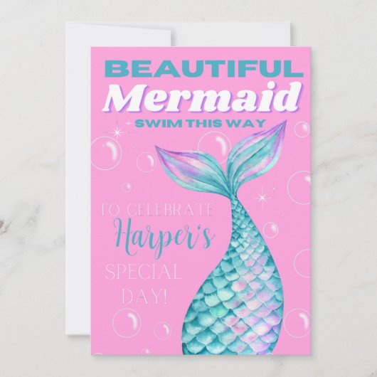 Niedlich bearbeitbar unter der Meerjungfrau Mädche Einladung (Vorderseite)