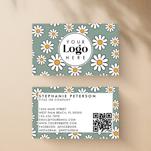 Niedlich bearbeitbarer Daisy Floral Custom Logo QR Visitenkarte