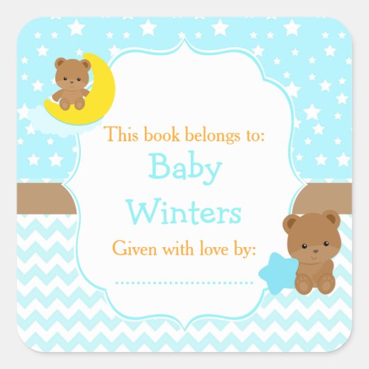 Niedlich Bears Boy mit Star Baby Shower Buchzeiche Quadratischer Aufkleber (Vorderseite)