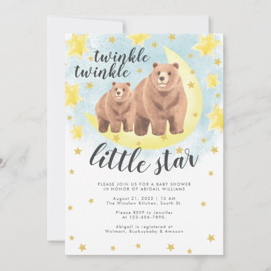 Niedlich Bears Gold Twinkle Little Star Baby Dusch Einladung (Vorderseite)