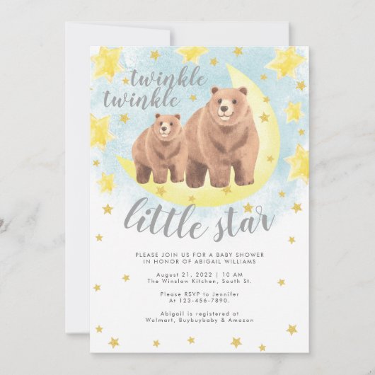 Niedlich Bears Gold Twinkle Little Star Baby Dusch Einladung (Vorderseite)