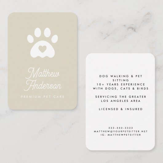 Niedlich Beige Heart Paw Print Pet Sitter Dog Walk Visitenkarte (Vorne/Hinten)