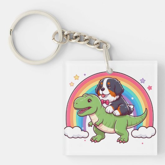 Niedlich Bernese Mountain Dog Riding T-Rex Dinosau Schlüsselanhänger (Vorderseite)