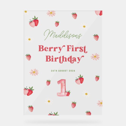 Niedlich Berry First Birthday Girls Strawberry Wil Acrylschild (Vorderseite)