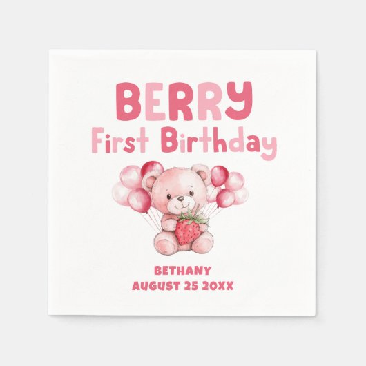 Niedlich Berry First Birthday Strawberry Pink Serviette (Vorderseite)