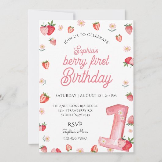 Niedlich Berry First Birthday Watercolor Strawberr Einladung (Vorderseite)