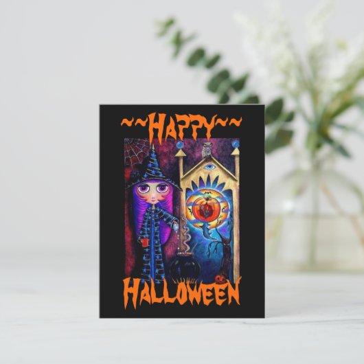 Niedlich Big Eye Hexe mit Cauldron & Owl Alchemy Einladung (Stehend Vorderseite)