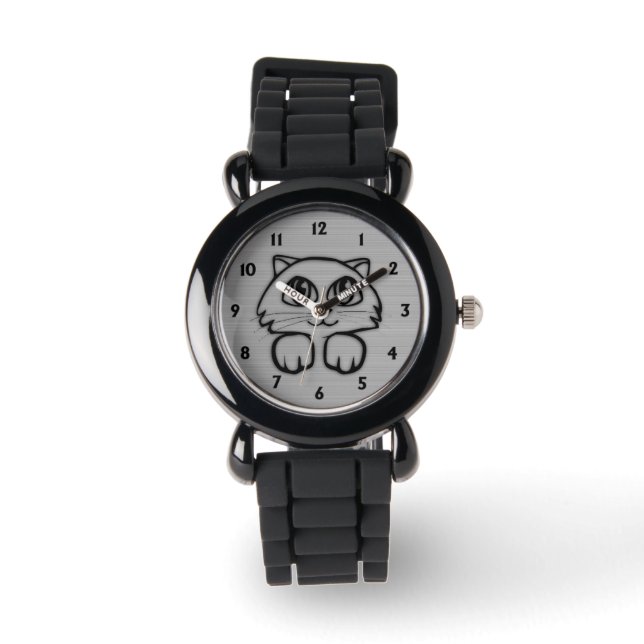 Niedlich Big Mit Augen Cat Peeking Silver Armbanduhr (Vorderseite)