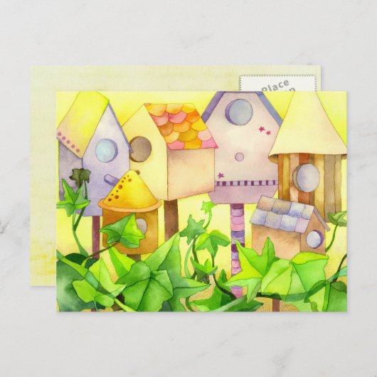 Niedlich Bird House Neue Zuhause Ankündigungspostkarte (Vorne/Hinten)