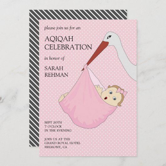 Niedlich Bird Pink Baby Girl Aqiqah Einladung (Vorne/Hinten)