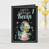 Niedlich Black and Green Dinosaur Boy 1. Geburtsta Karte (Gelbe Blume)