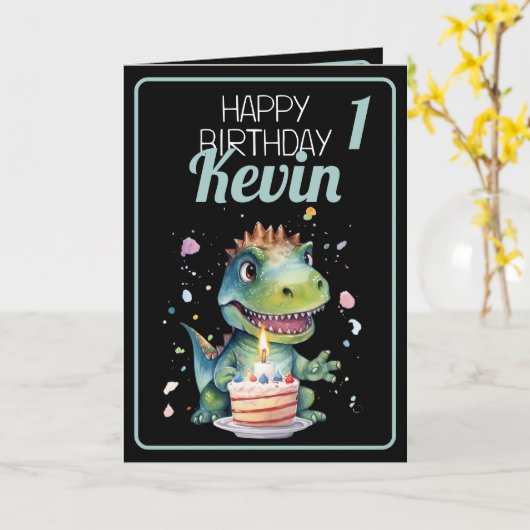 Niedlich Black and Green Dinosaur Boy 1. Geburtsta Karte (Gelbe Blume)
