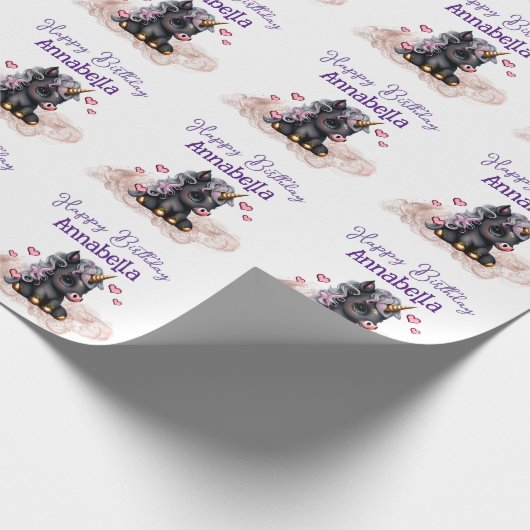 Niedlich Black Baby Unicorn und Herz Geschenkpapier (Ecke)