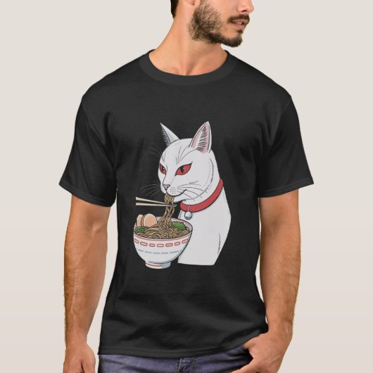 Niedlich Black Cat Eating Ramen Japanisch Ästhetik T-Shirt (Vorderseite)
