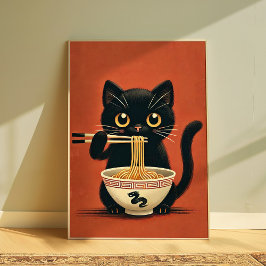 Niedlich Black Cat Eating Ramen Kawaii Noodle Wall Poster