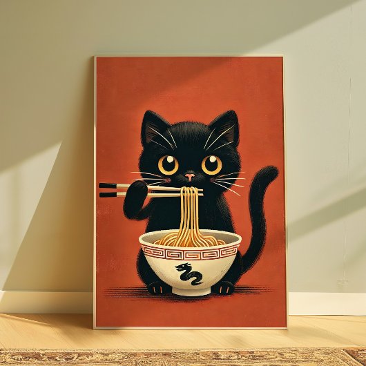 Niedlich Black Cat Eating Ramen Kawaii Noodle Wall Poster