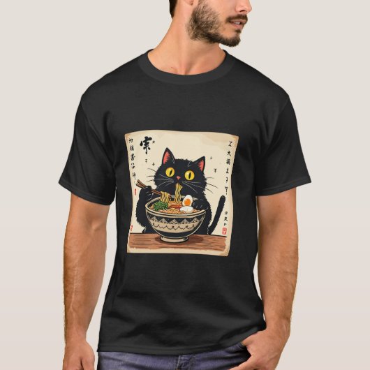 Niedlich Black Cat Eating Ramen Noodles Lover Japa T-Shirt (Vorderseite)