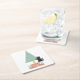 Niedlich Black Cat Frohe Weihnachtsbaum Urlaub Rechteckiger Pappuntersetzer