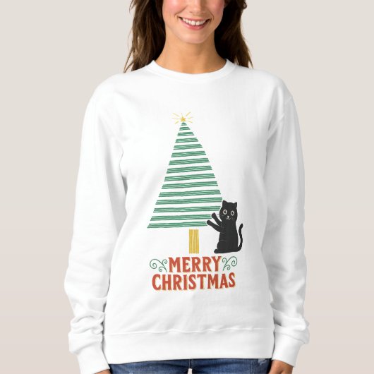 Niedlich Black Cat Frohe Weihnachtsbaum Urlaub Sweatshirt (Vorderseite)